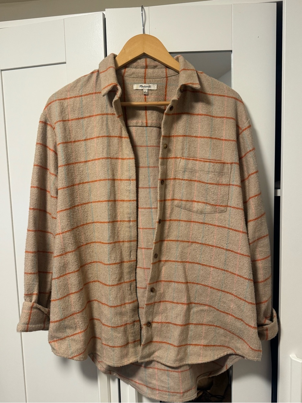 Madewell Beige Button-Down Shirt Jacket with Orange Stripes